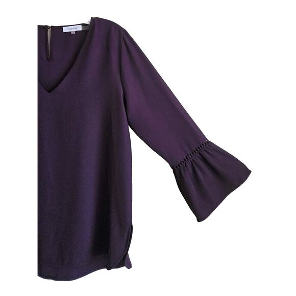 CALVIN KLEIN Women M Blouse Plum Purple 3/4 Bell Sleeve V-Neck Back Keyhole 40" - Picture 4 of 8